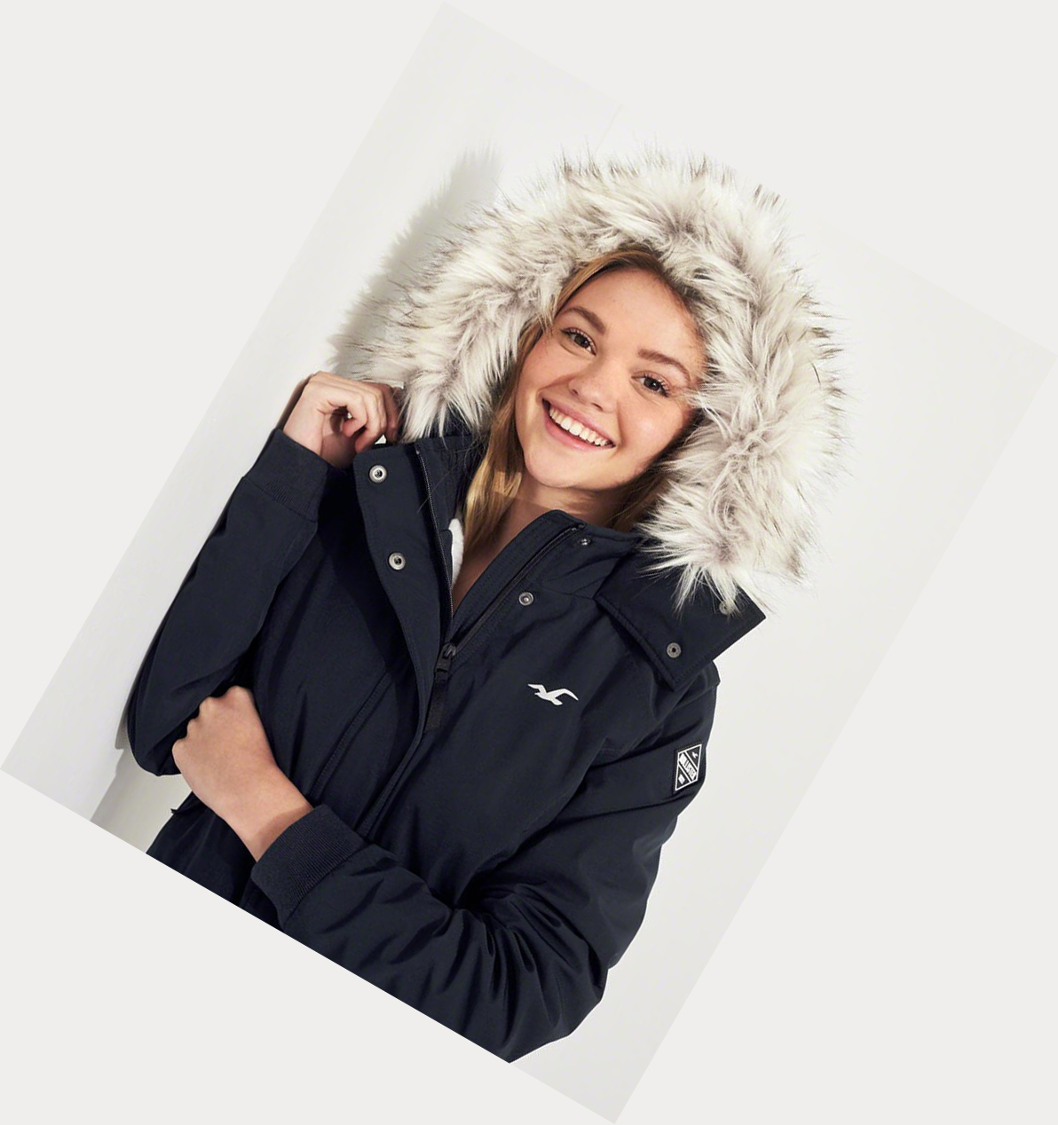 Navy Women's Hollister Cozy-Lined Hooded Bomber Jackets | UK-689KSPT