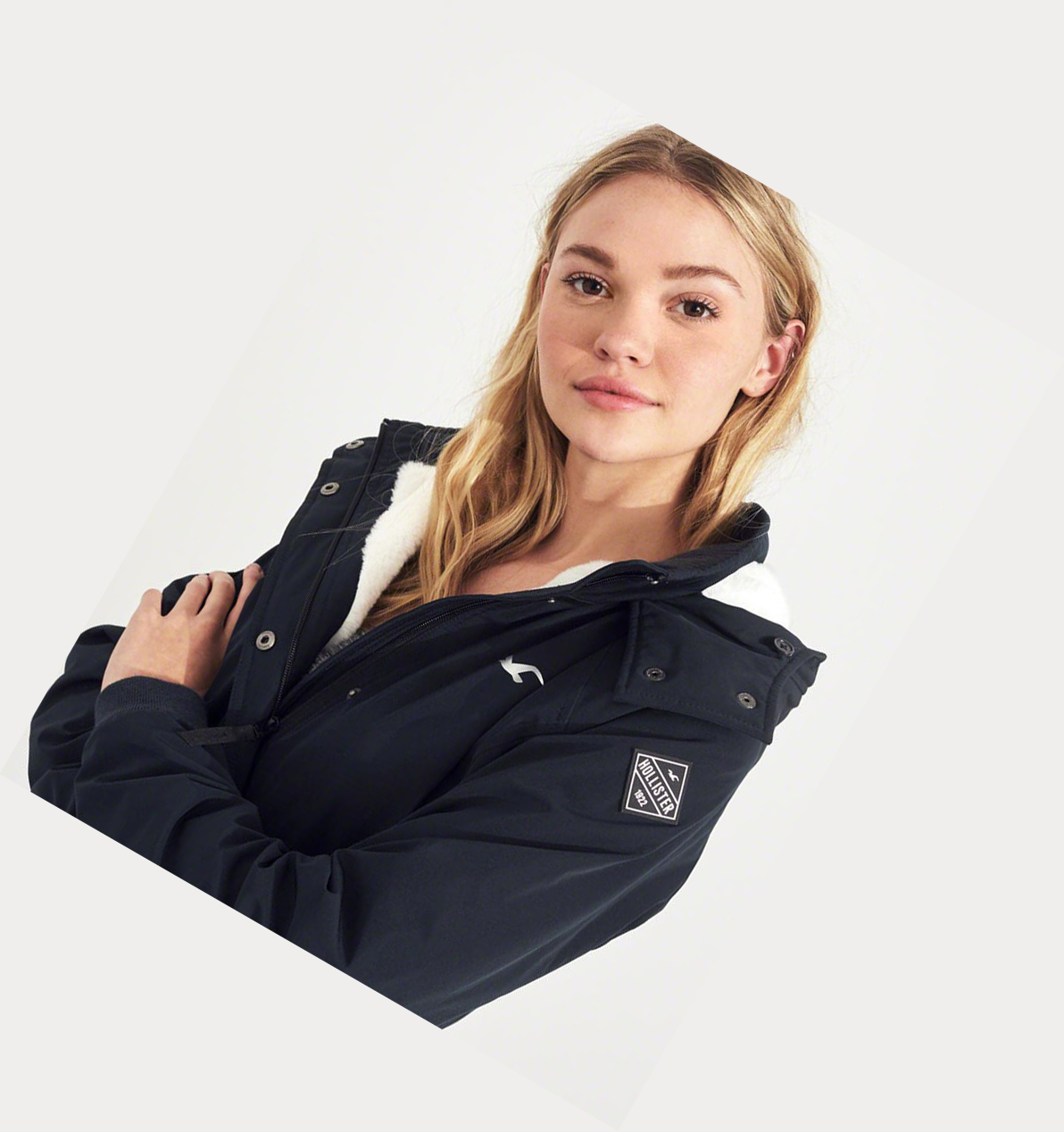 Navy Women's Hollister Cozy-Lined Hooded Bomber Jackets | UK-689KSPT