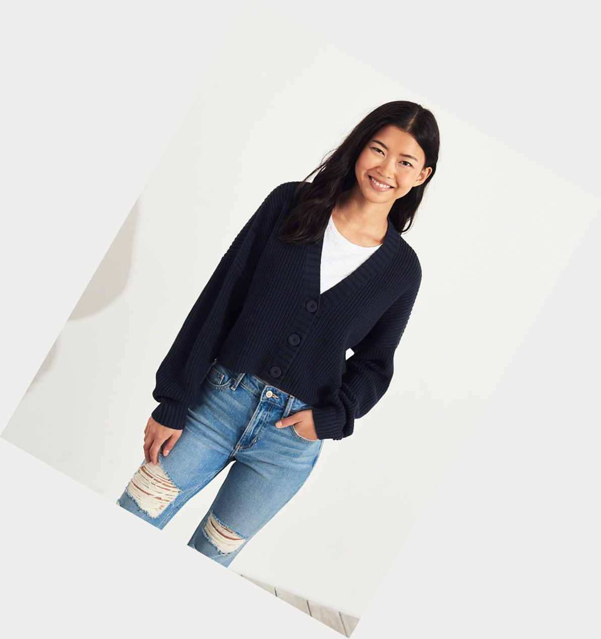 Navy Women's Hollister Crop Cardigan Sweaters | UK-063IVAL