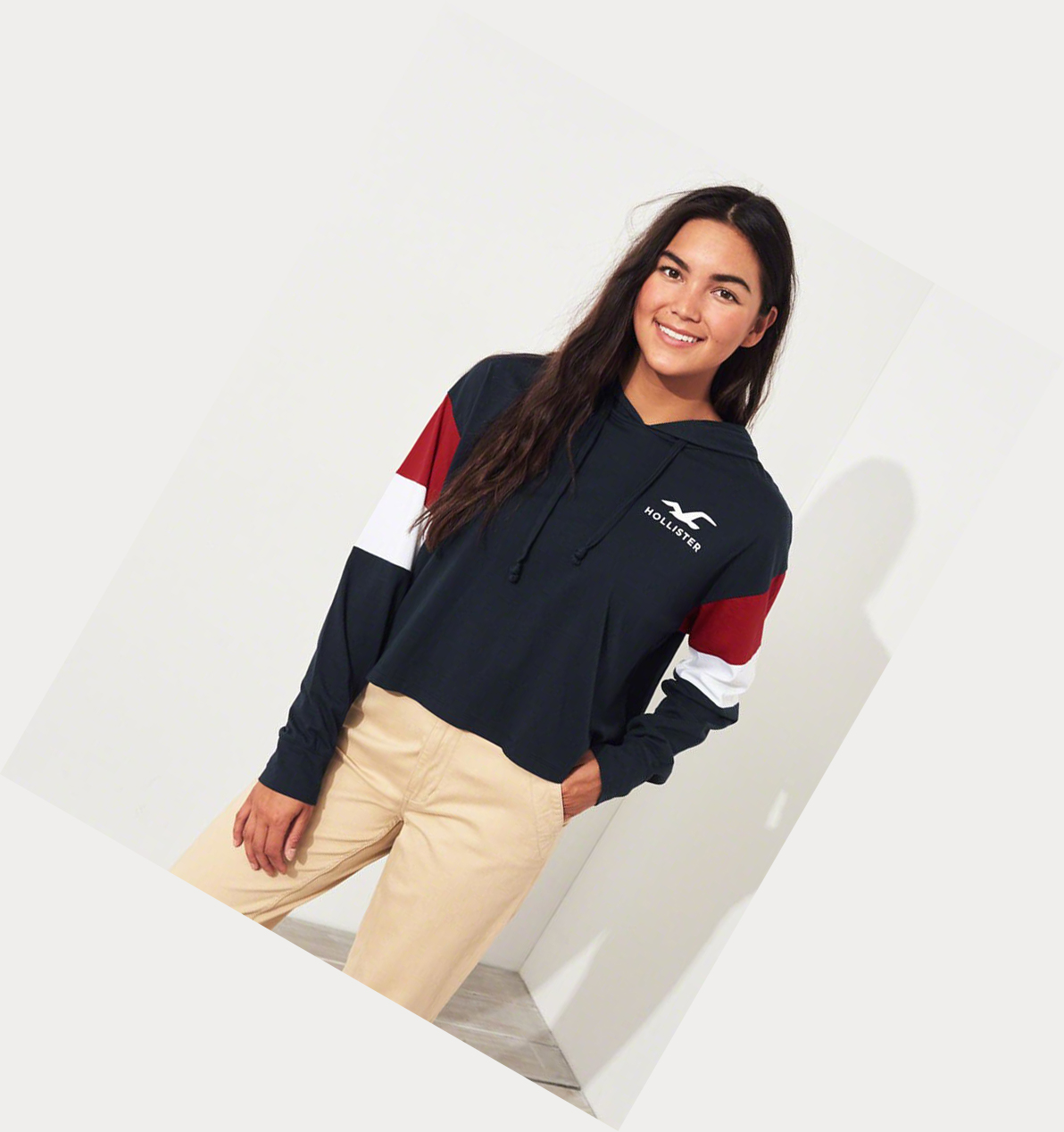 Navy Women's Hollister Hooded Boyfriend Long Sleeve | UK-764XTZI