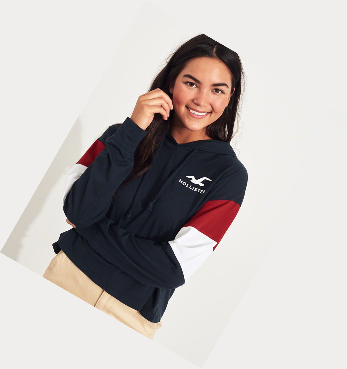 Navy Women's Hollister Hooded Boyfriend Long Sleeve | UK-764XTZI