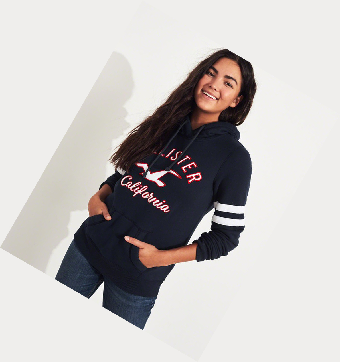 Navy Women's Hollister Logo Graphic Hoodie | UK-942MLIA