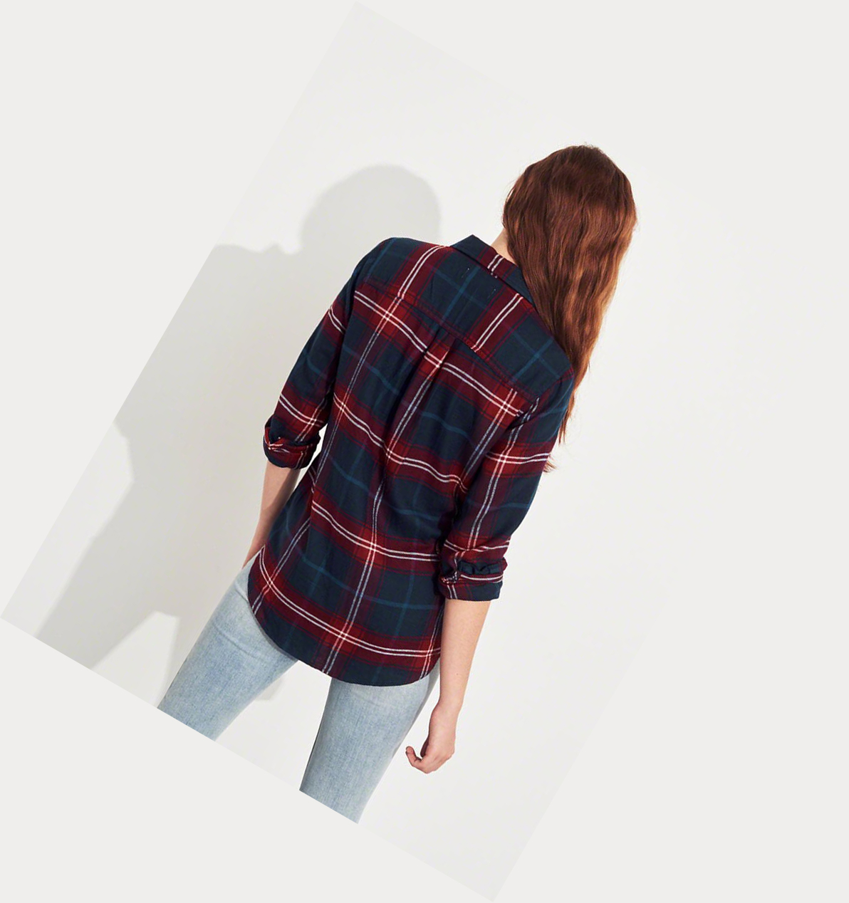 Navy Women's Hollister Plaid Long Sleeve | UK-356TZPH