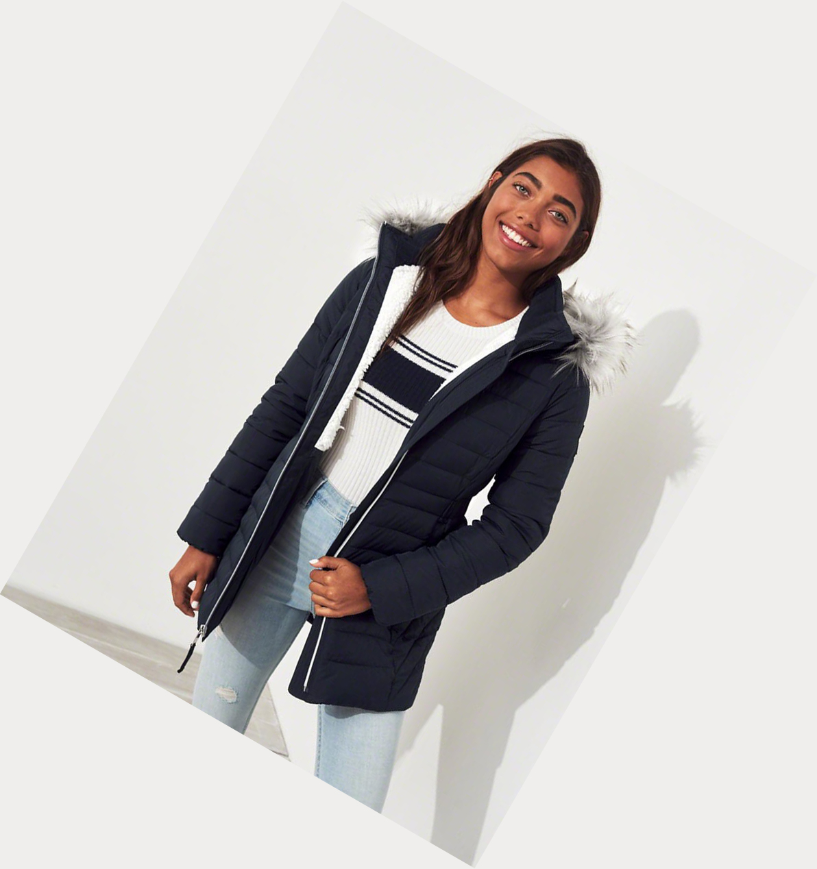 Navy Women's Hollister Sherpa-Lined Puffer Parka Jackets | UK-920MQTI