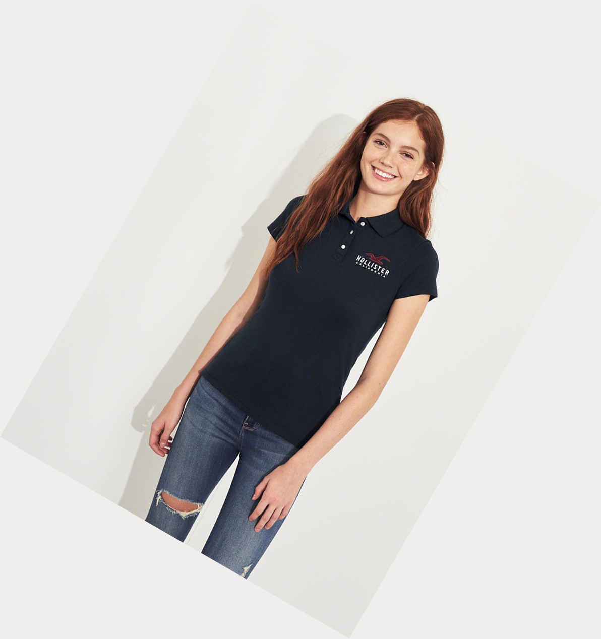 Navy Women's Hollister Slim Logo Polo Shirts | UK-709BAHQ