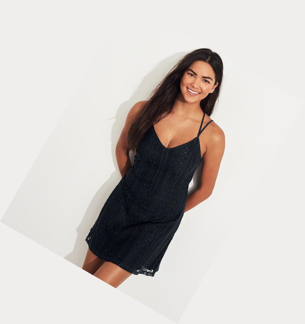 Navy Women's Hollister Strappy Lace Dress | UK-389FYEQ