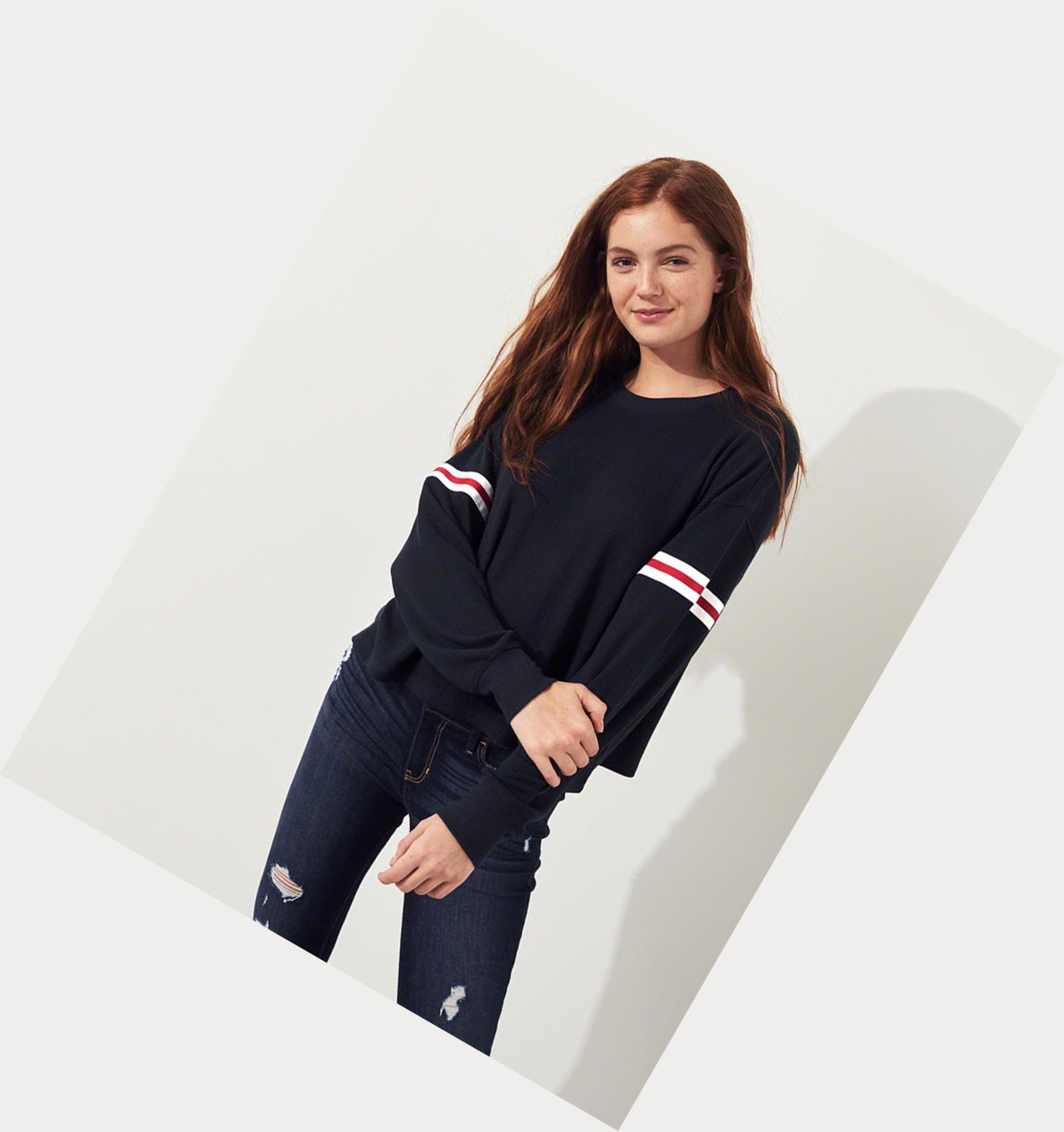 Navy Women's Hollister Stripe Waffle Boyfriend Long Sleeve | UK-296AWHT