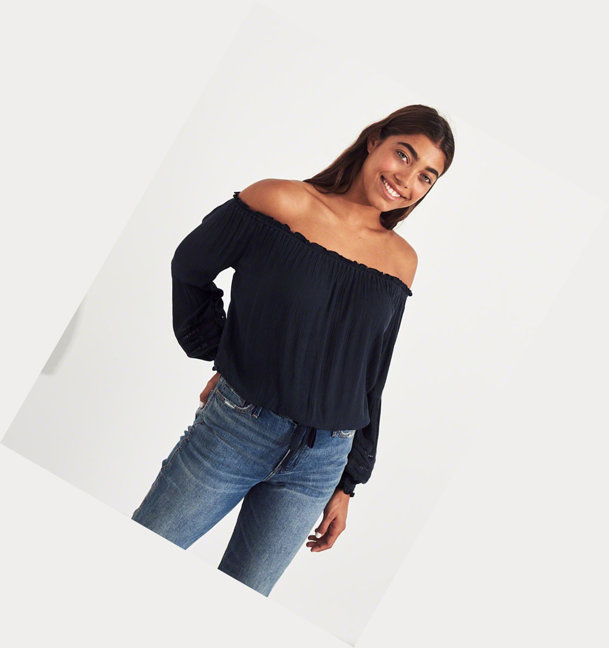 Navy Women's Hollister Tie-Front Off-The-Shoulder Long Sleeve | UK-079WXON