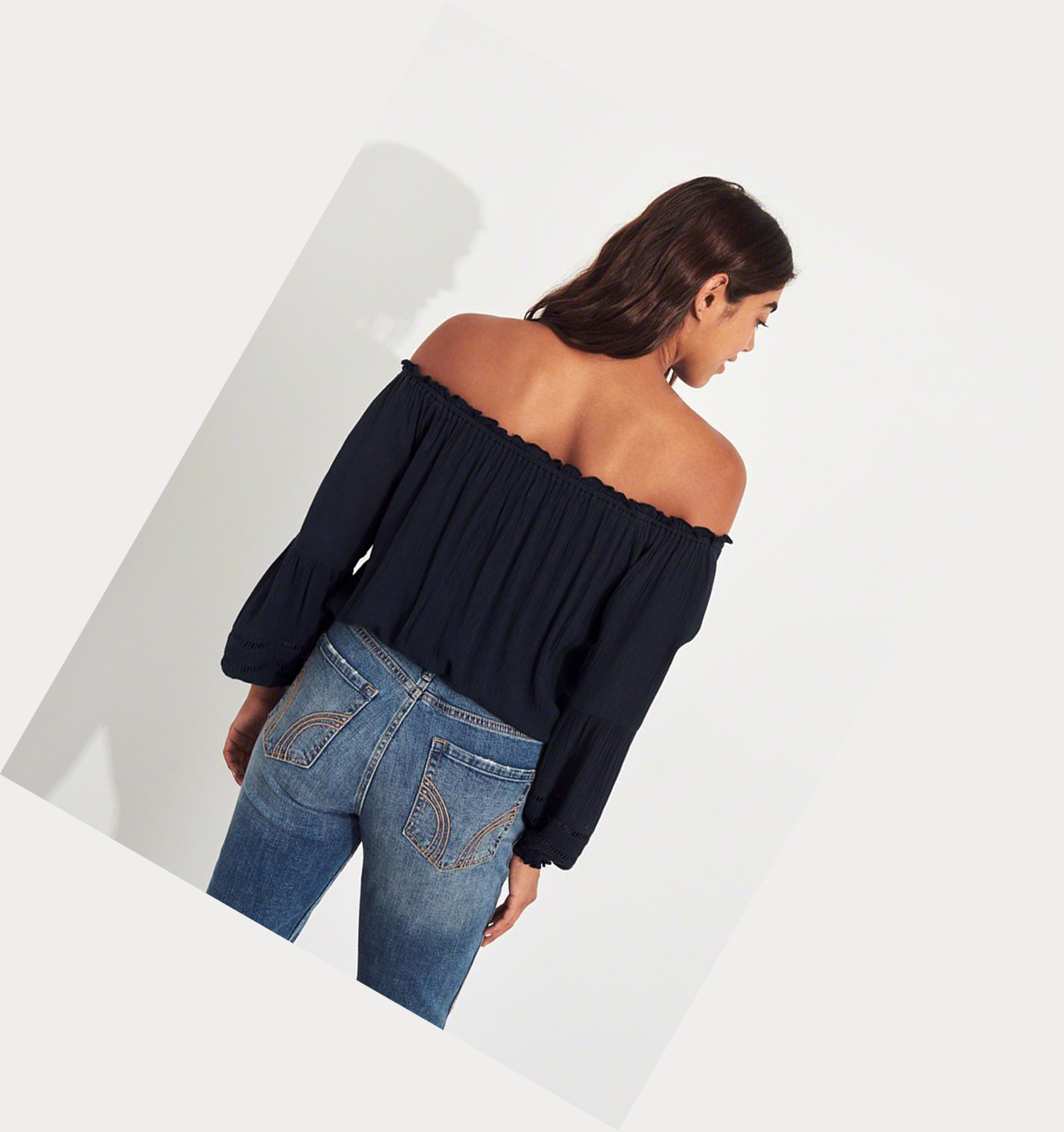 Navy Women's Hollister Tie-Front Off-The-Shoulder Long Sleeve | UK-079WXON