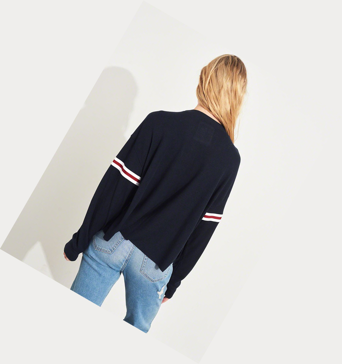 Navy Women's Hollister Waffle Boyfriend Long Sleeve | UK-306FJMO