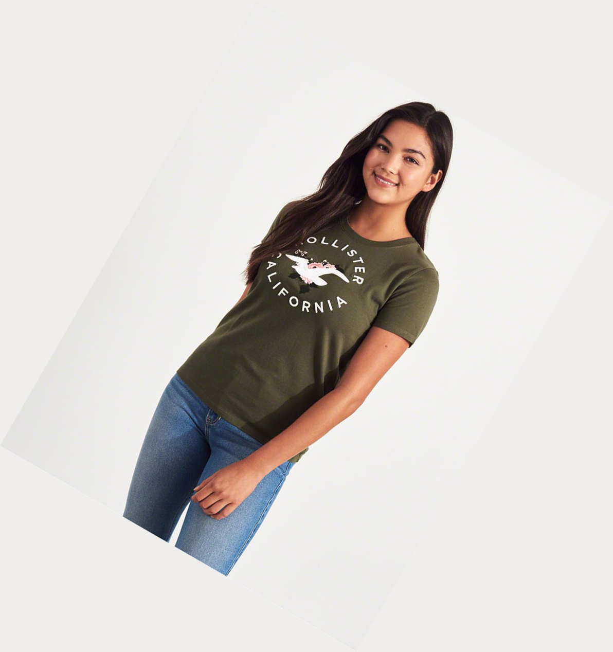 Olive Women's Hollister Floral Embroidered Short Sleeve | UK-697ATEZ