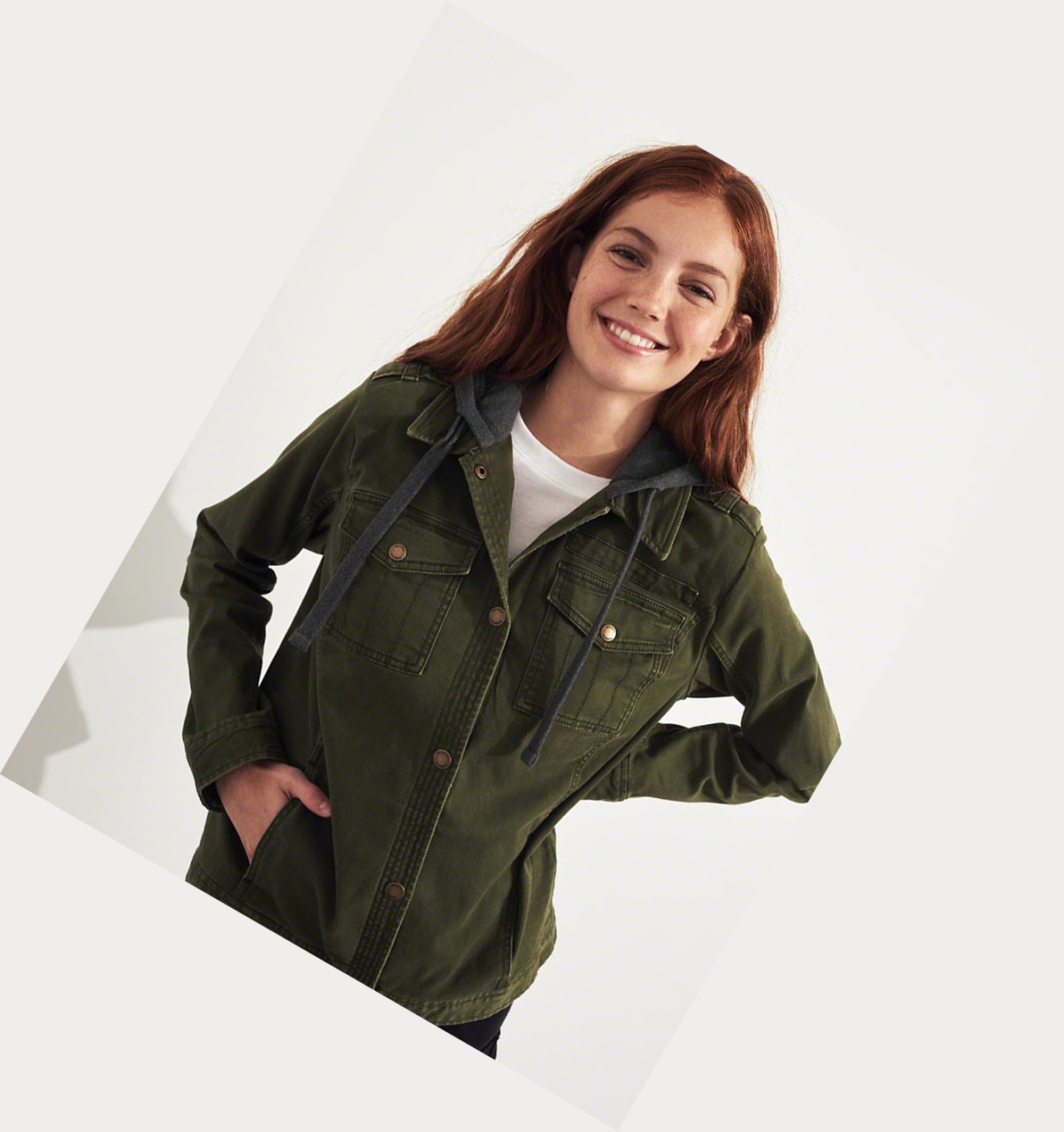 Olive Women's Hollister Hooded Boyfriend Shirt Jackets | UK-168HSZR