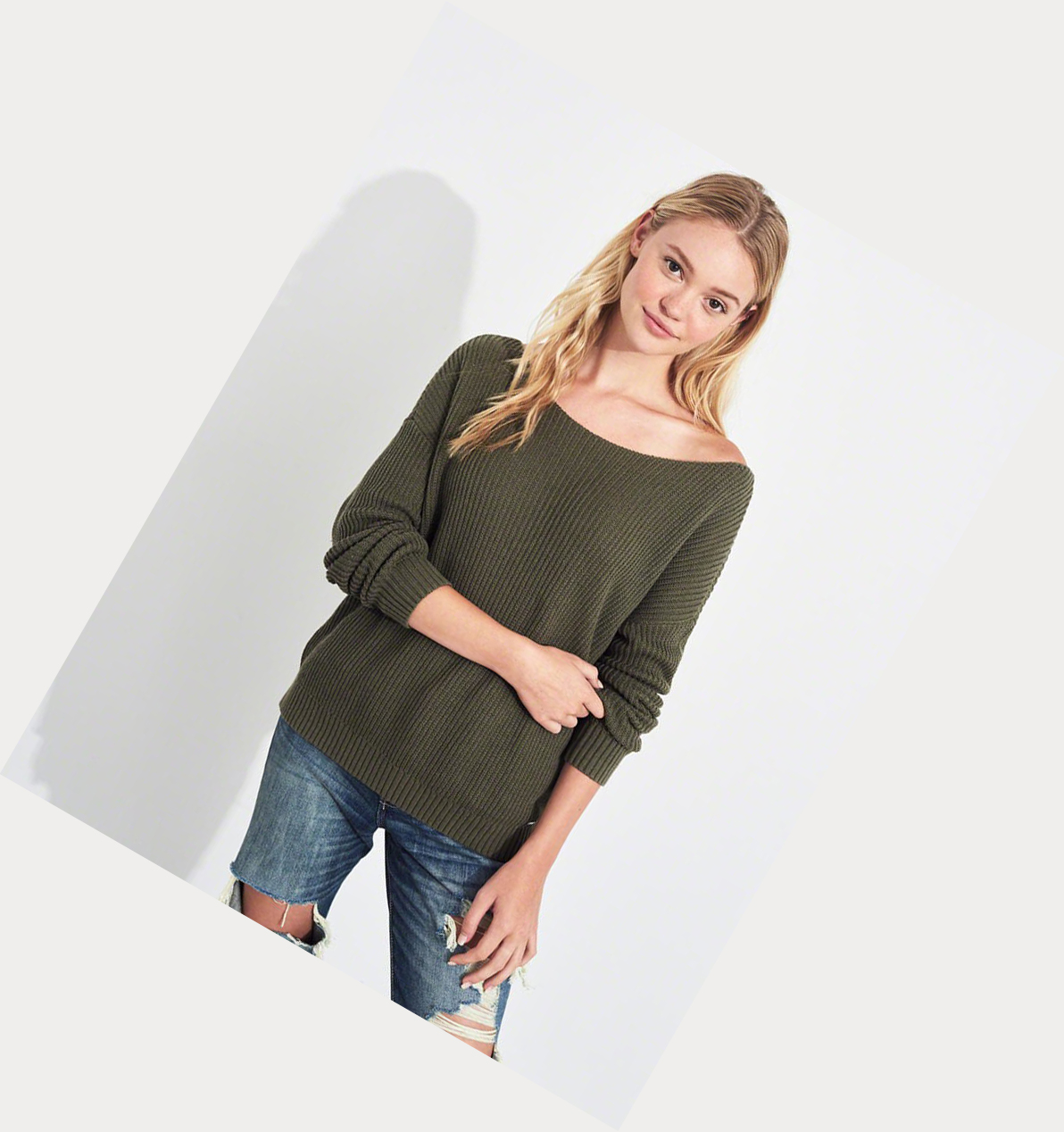 Olive Women's Hollister On Or Off The Shoulder Sweaters | UK-574XFMY