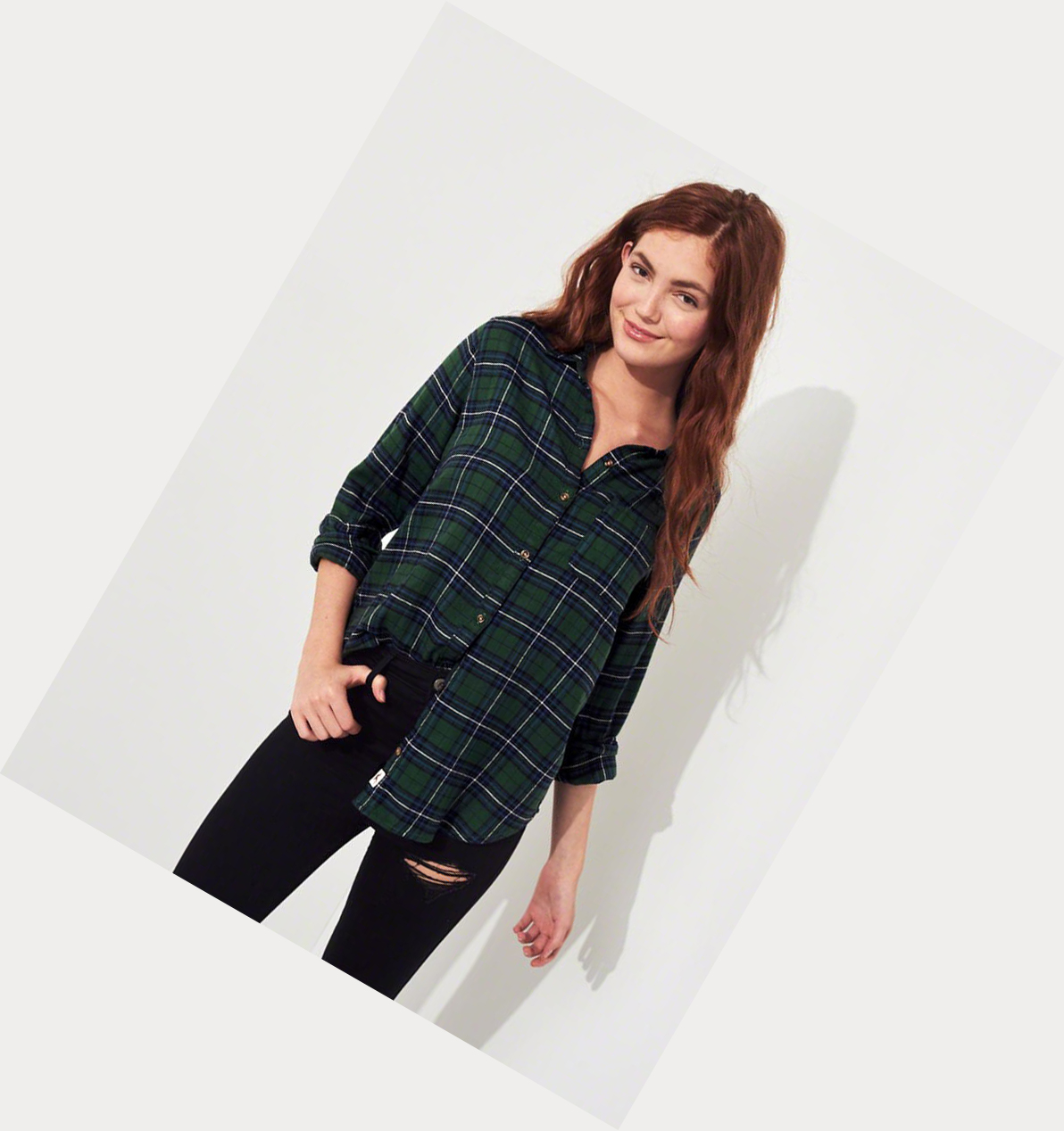 Olive Women's Hollister Plaid Long Sleeve | UK-867YUXM