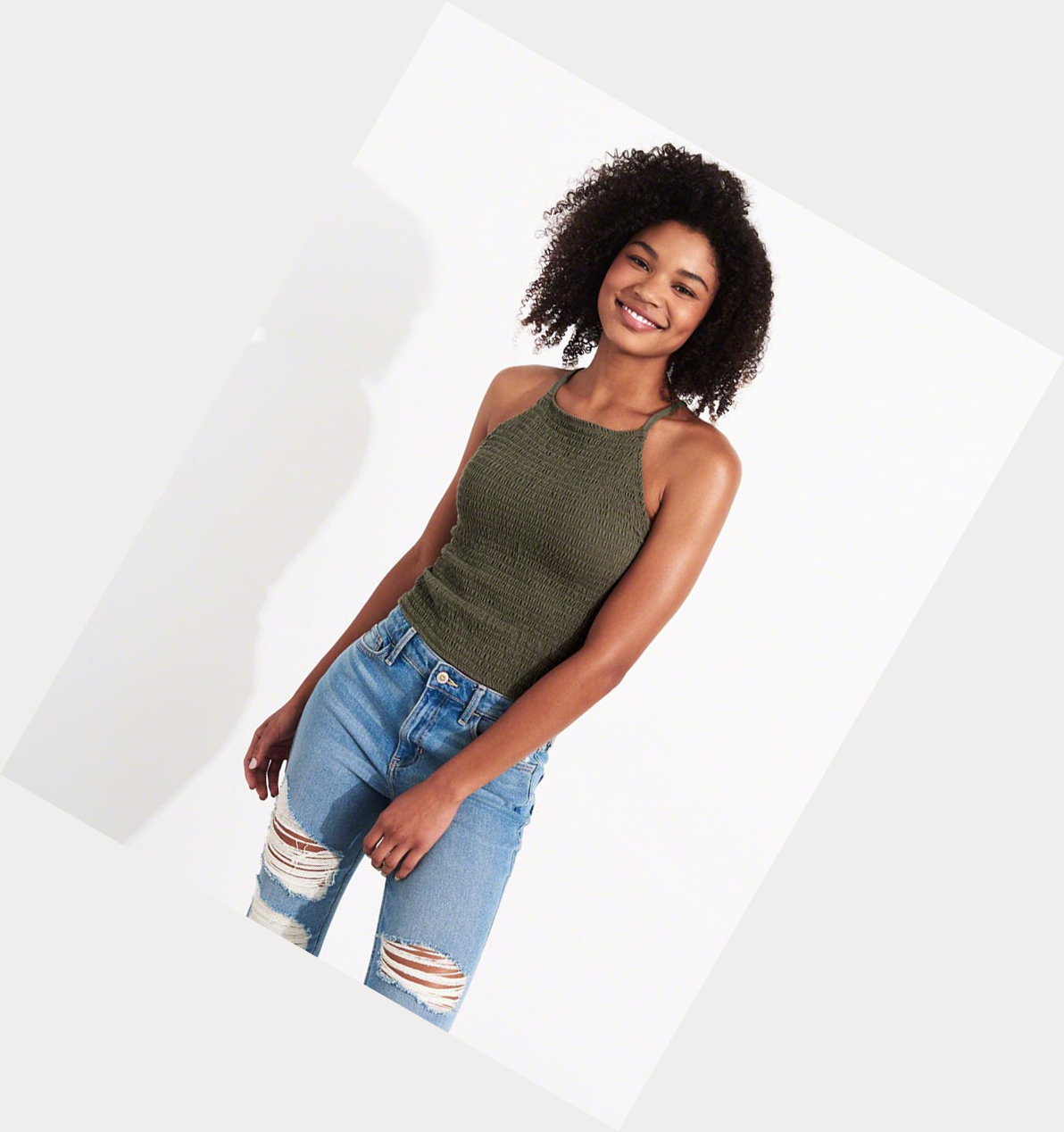 Olive Women's Hollister Smocked High-Neck Tanks | UK-842HGDT