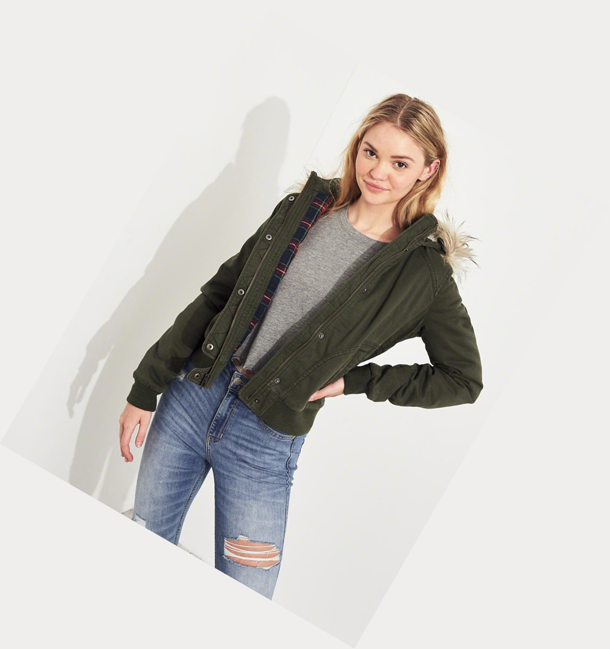 Olive Women's Hollister Stretch Flannel-Lined Twill Bomber Jackets | UK-718LNZD