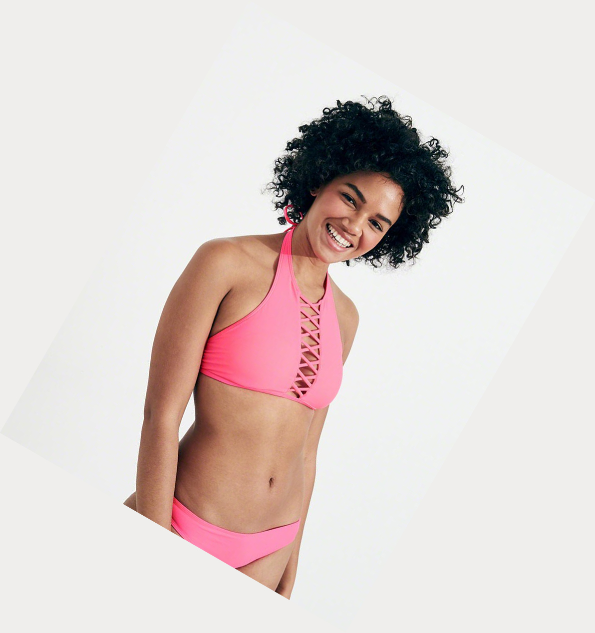 Pink Women's Hollister Strappy Halter High-Neck Bikini Tops | UK-615FSEN