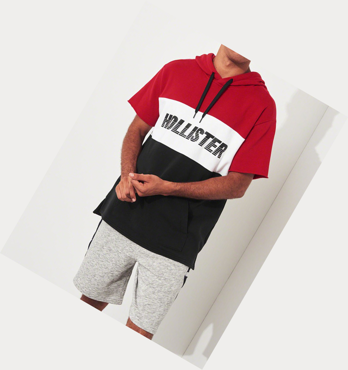 Red Black Men's Hollister Short-Sleeve Logo Hoodie | UK-413OMEJ