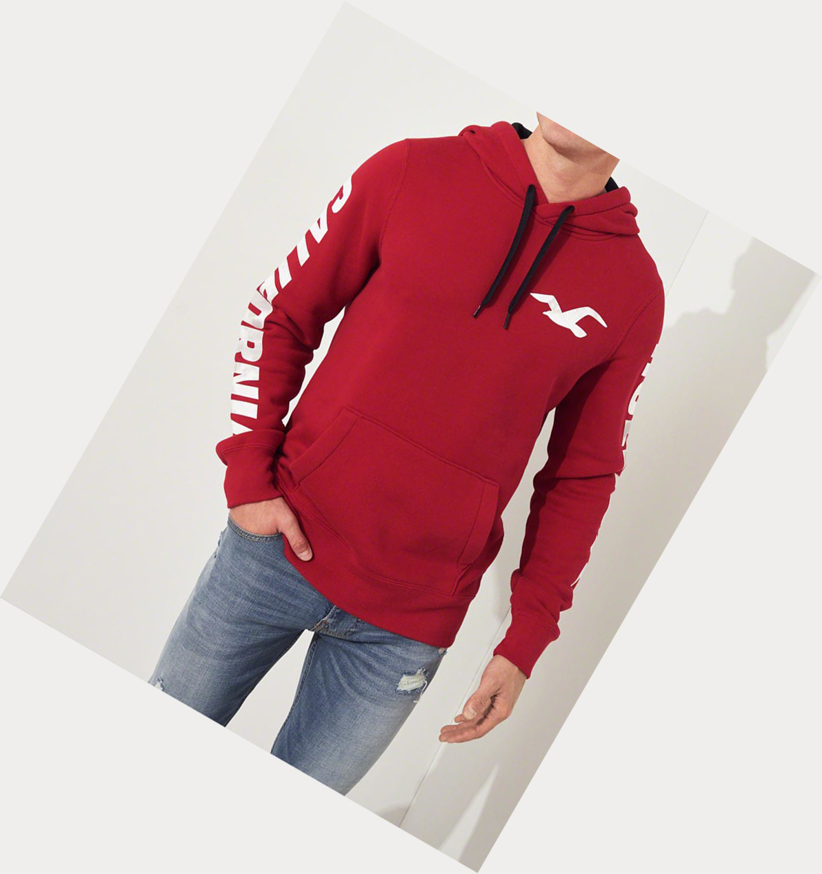 Red Men's Hollister Print Logo Graphic Hoodie | UK-837VBSD