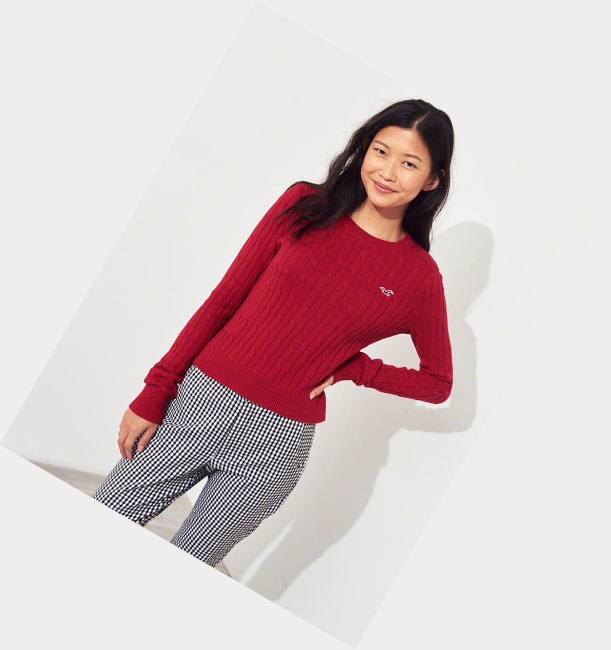 Red Women's Hollister Cable Crewneck Sweaters | UK-470UWPS