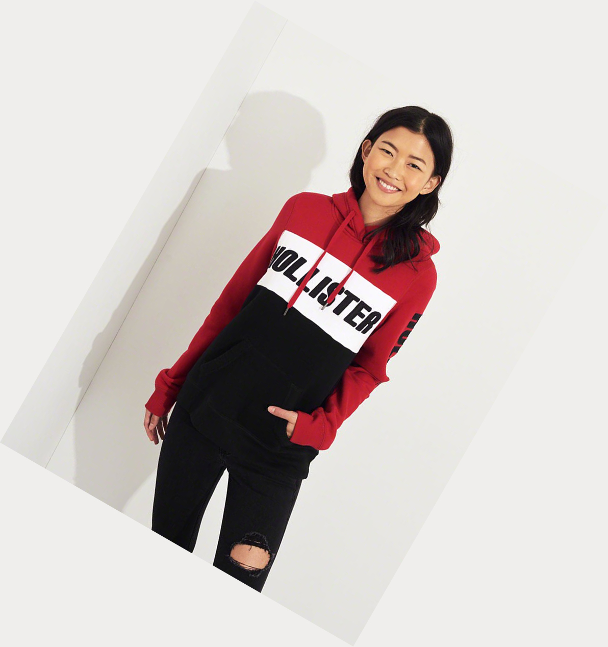 Red Women's Hollister Colorblock Logo Hoodie | UK-873CUNM