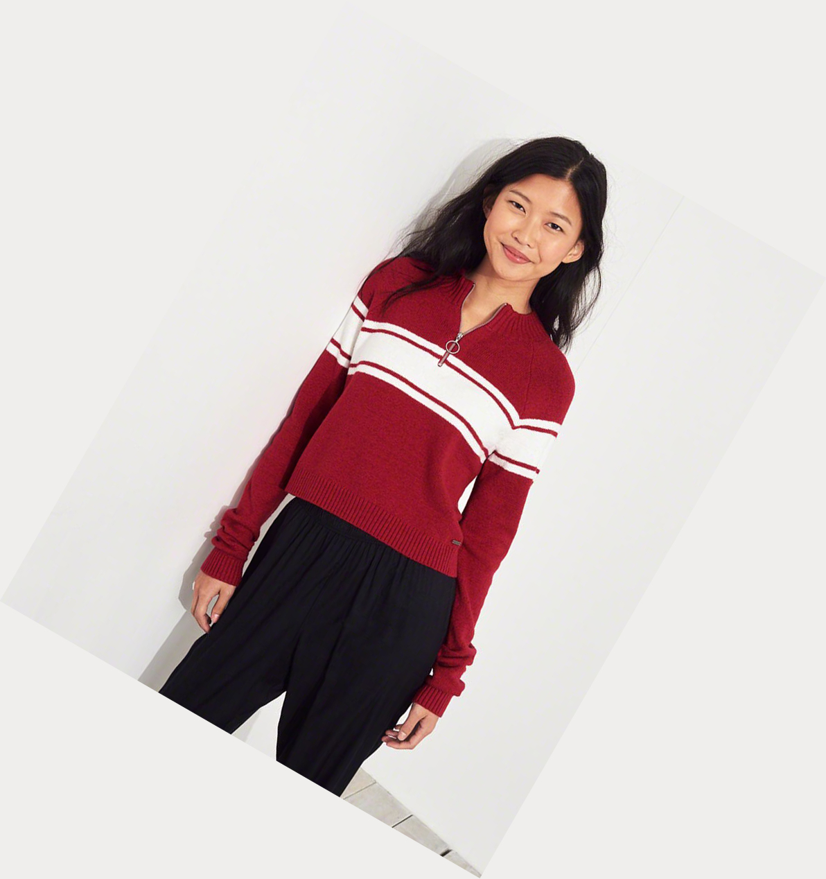 Red Women's Hollister Crop Half-Zip Sweaters | UK-014DTLS