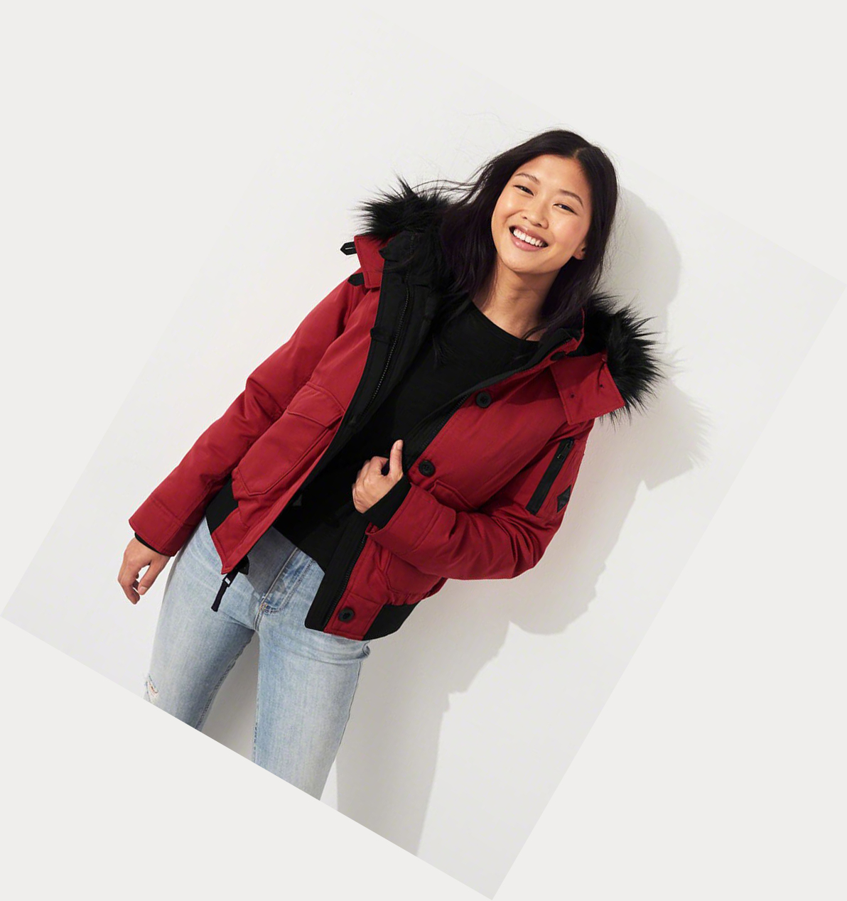 Red Women's Hollister Down Bomber Jackets | UK-740XINR