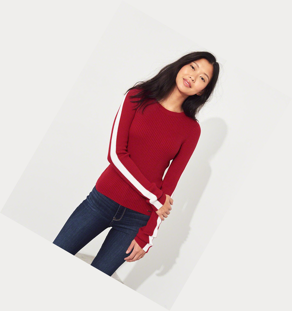 Red Women's Hollister Ribbed Crewneck Sweaters | UK-284JUBV