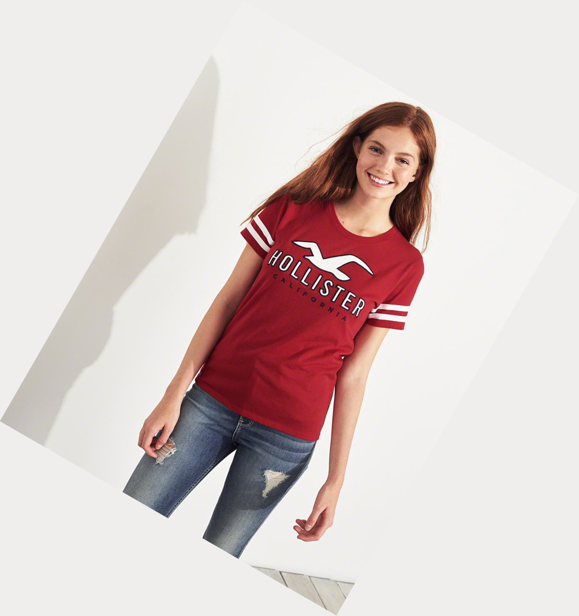 Red Women's Hollister Sleeve-Stripe Logo Short Sleeve | UK-097TDVL