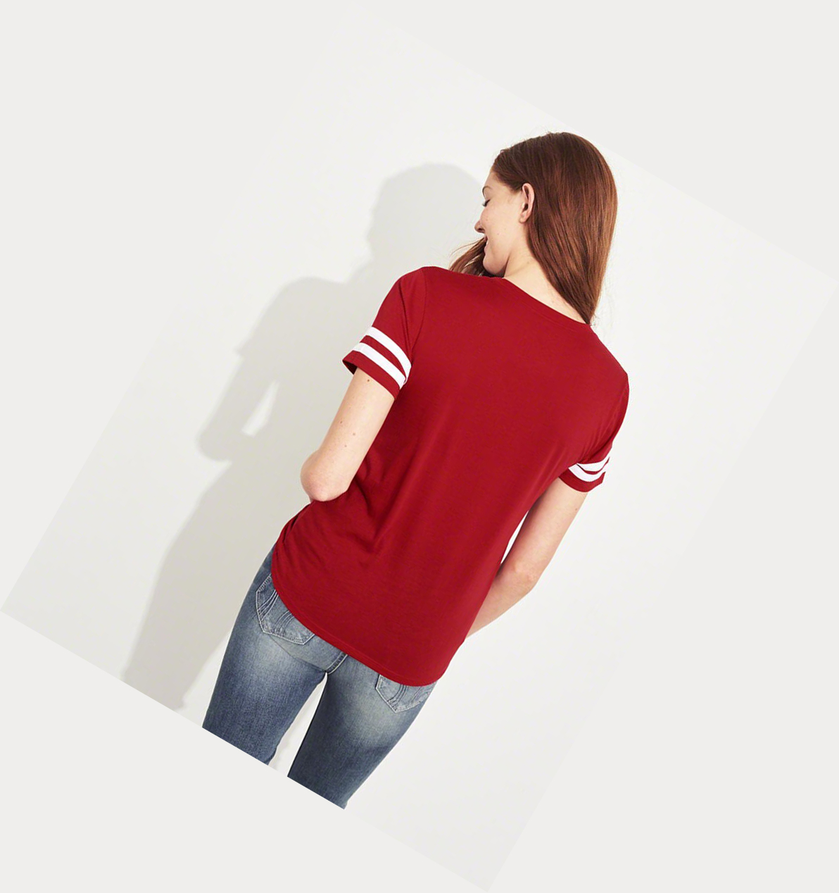 Red Women's Hollister Sleeve-Stripe Logo Short Sleeve | UK-097TDVL