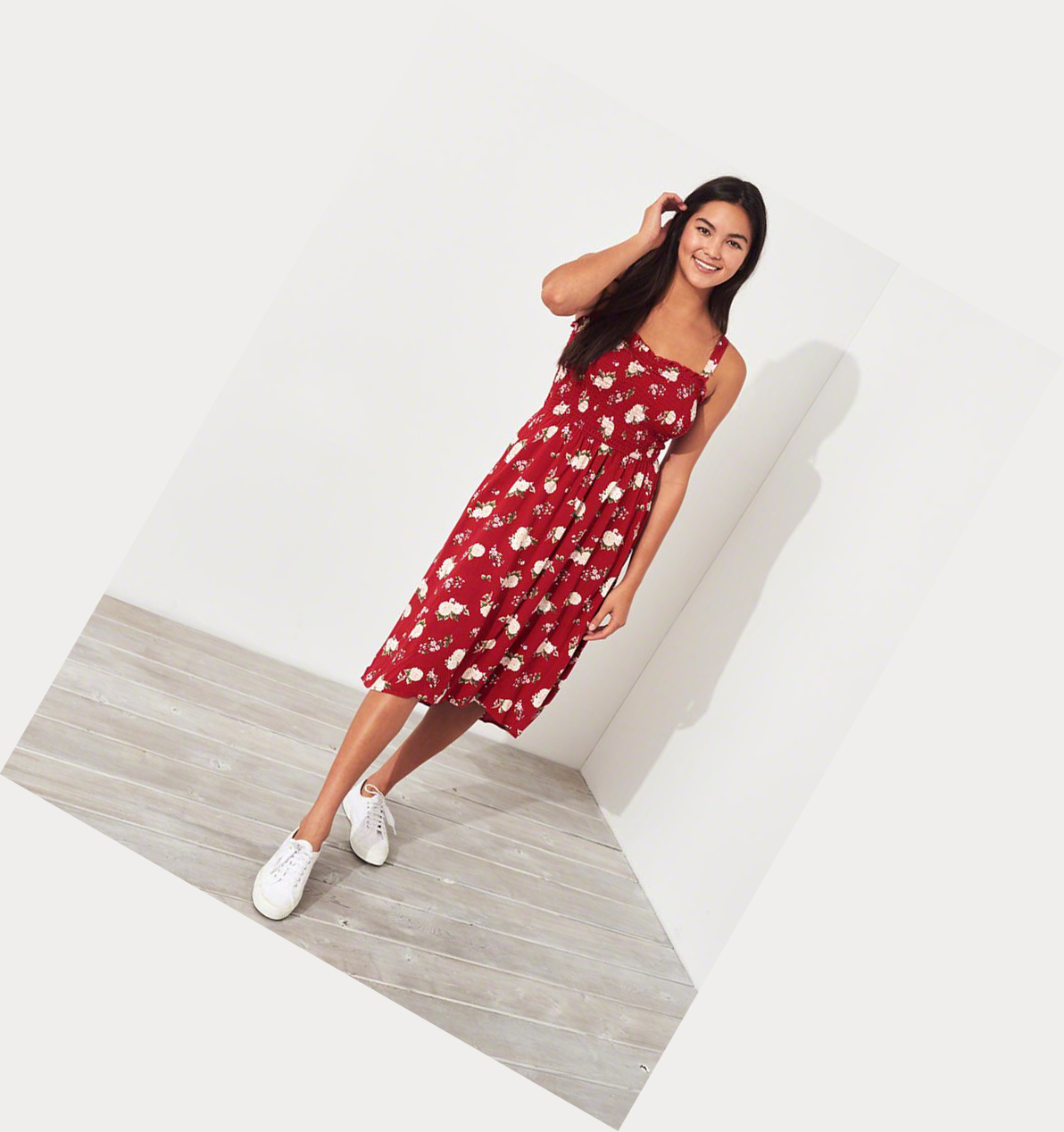 Red Women's Hollister Smocked Midi Dress | UK-478WTUA