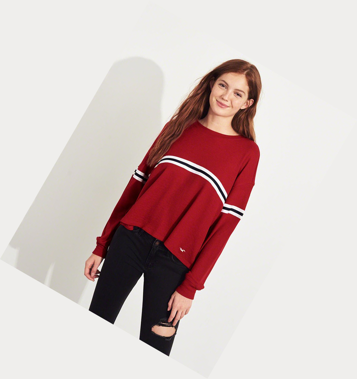 Red Women's Hollister Stripe Waffle Boyfriend Long Sleeve | UK-871DLFV