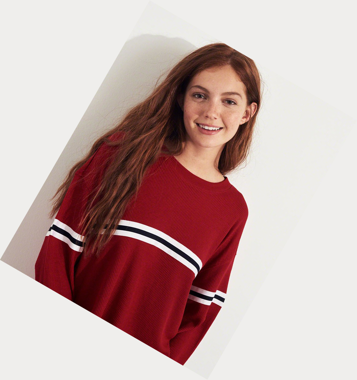 Red Women's Hollister Stripe Waffle Boyfriend Long Sleeve | UK-871DLFV