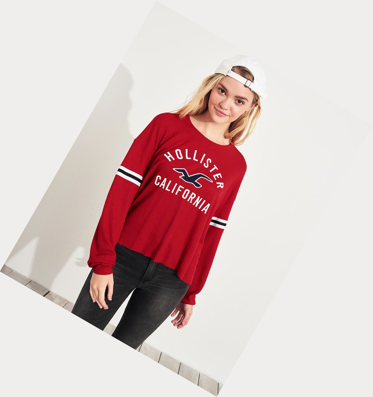 Red Women's Hollister Waffle Boyfriend Long Sleeve | UK-034WRCG