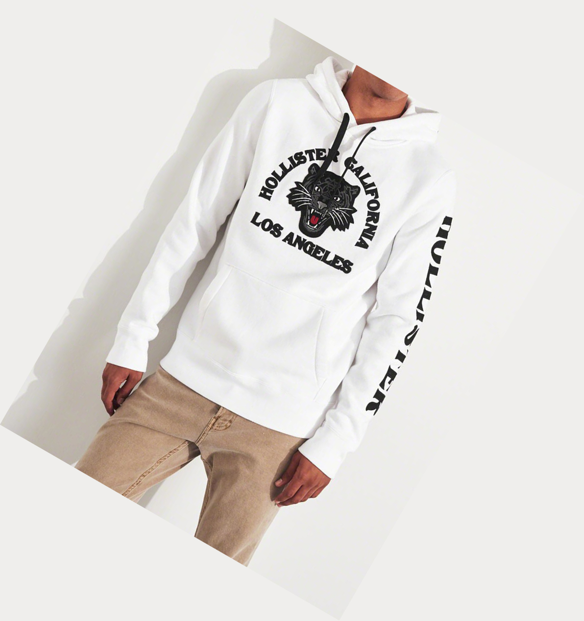 White Men's Hollister Panther Applique Hoodie | UK-876PVAL