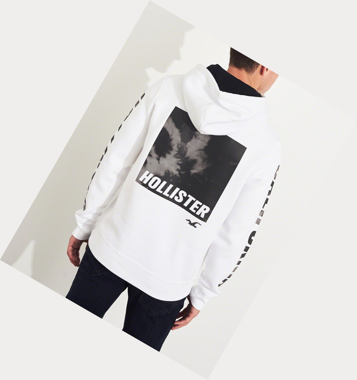 White Men's Hollister Print Logo Graphic Hoodie | UK-438GBIP