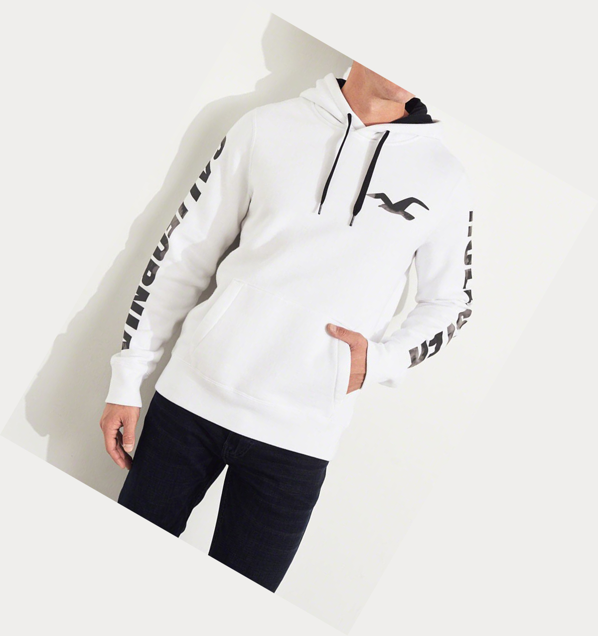 White Men's Hollister Print Logo Graphic Hoodie | UK-438GBIP