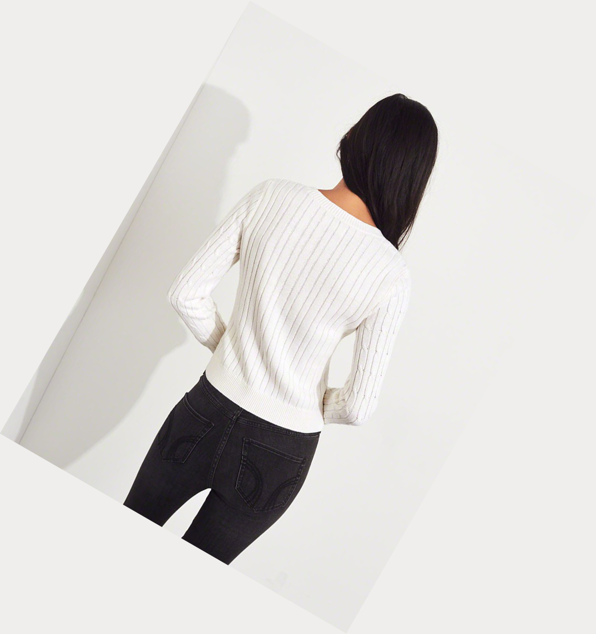 White Women's Hollister Cable Crewneck Sweaters | UK-310WZYA