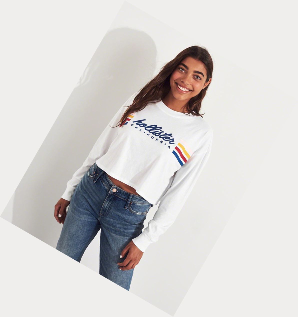 White Women's Hollister Crop Boyfriend Long Sleeve | UK-432YNOJ