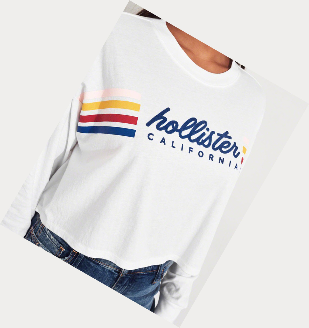 White Women's Hollister Crop Boyfriend Long Sleeve | UK-432YNOJ