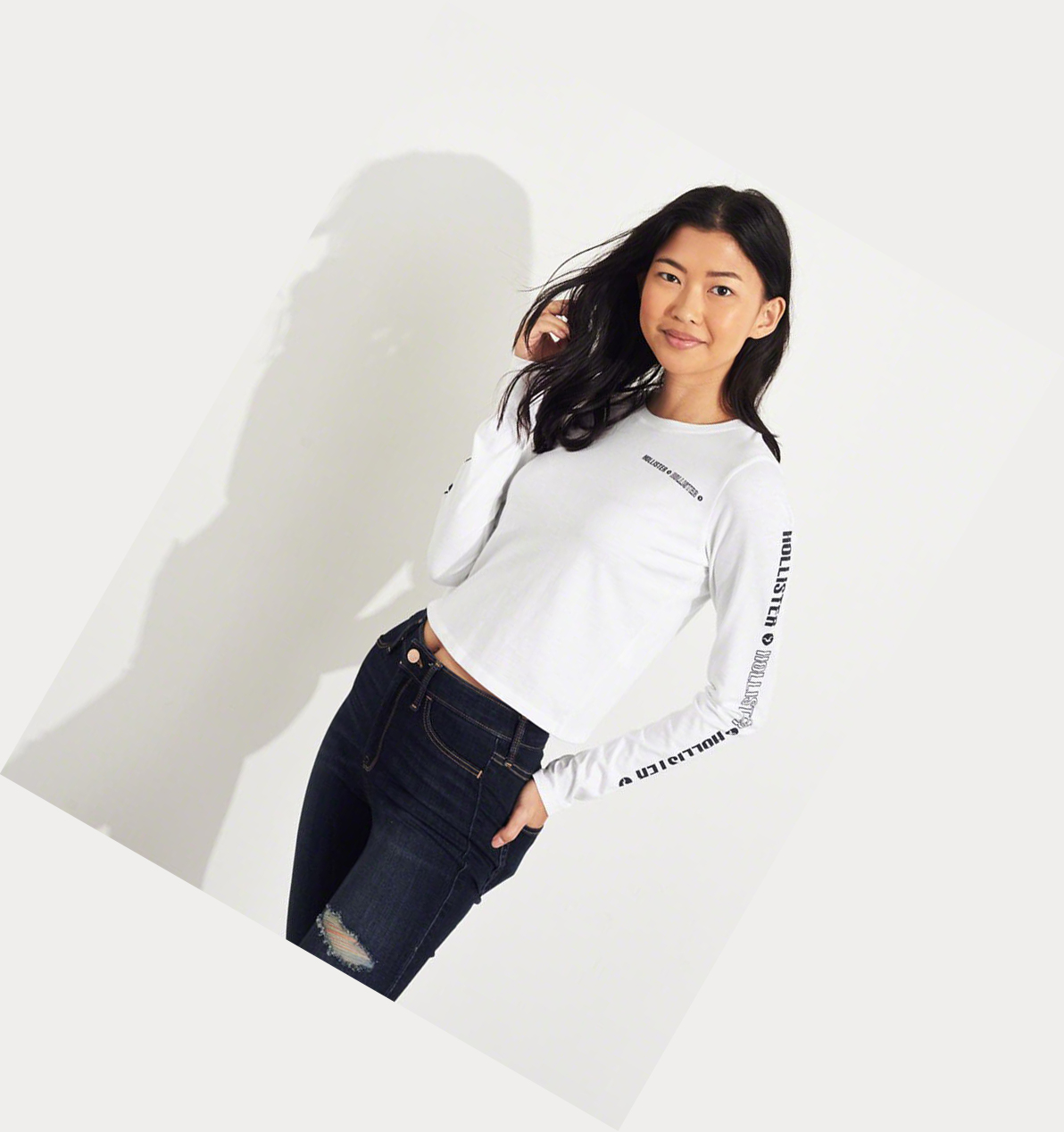 White Women's Hollister Crop Long Sleeve | UK-352YFNW