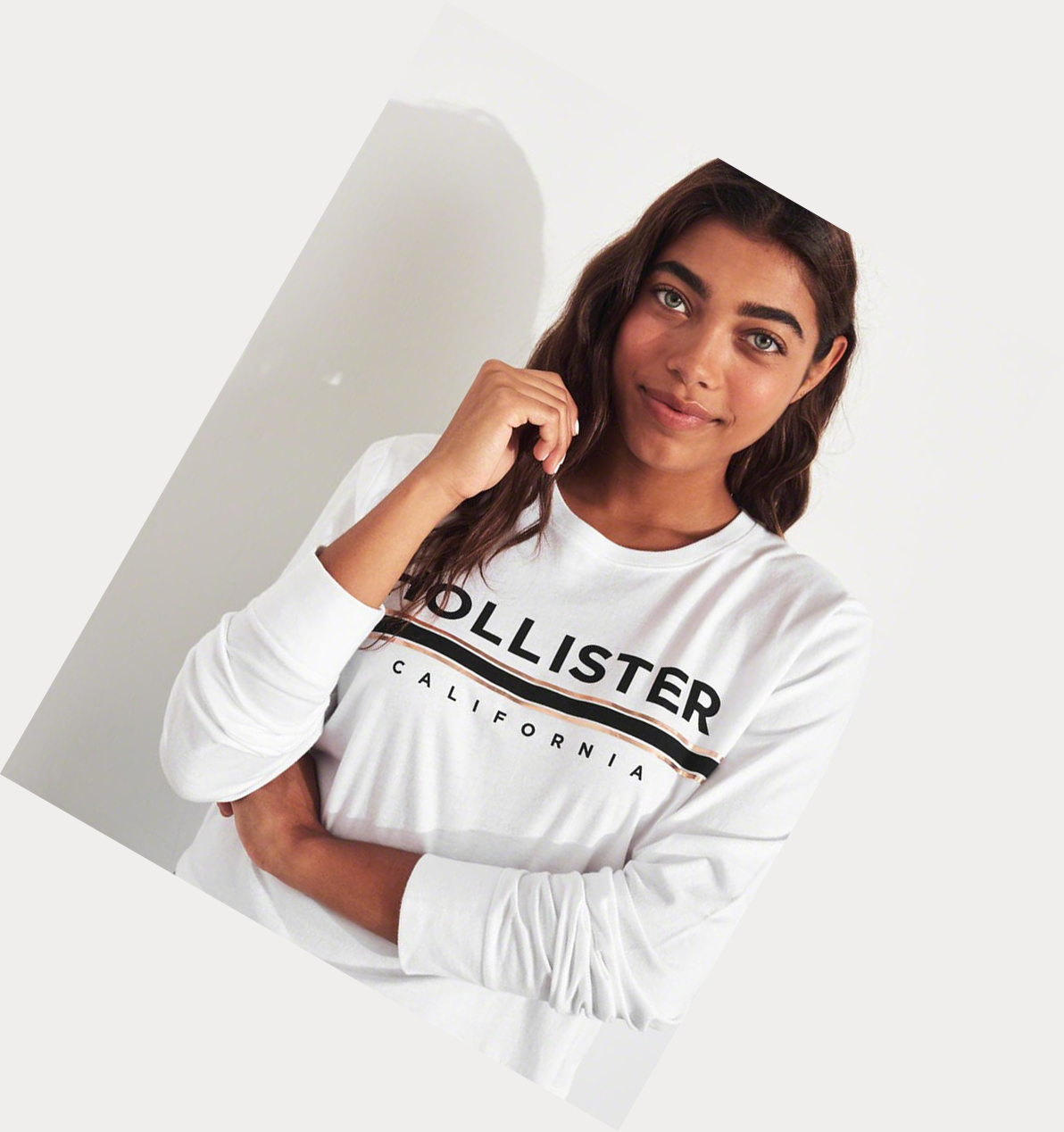 White Women's Hollister Metallic Print Boyfriend Long Sleeve | UK-286RMPS