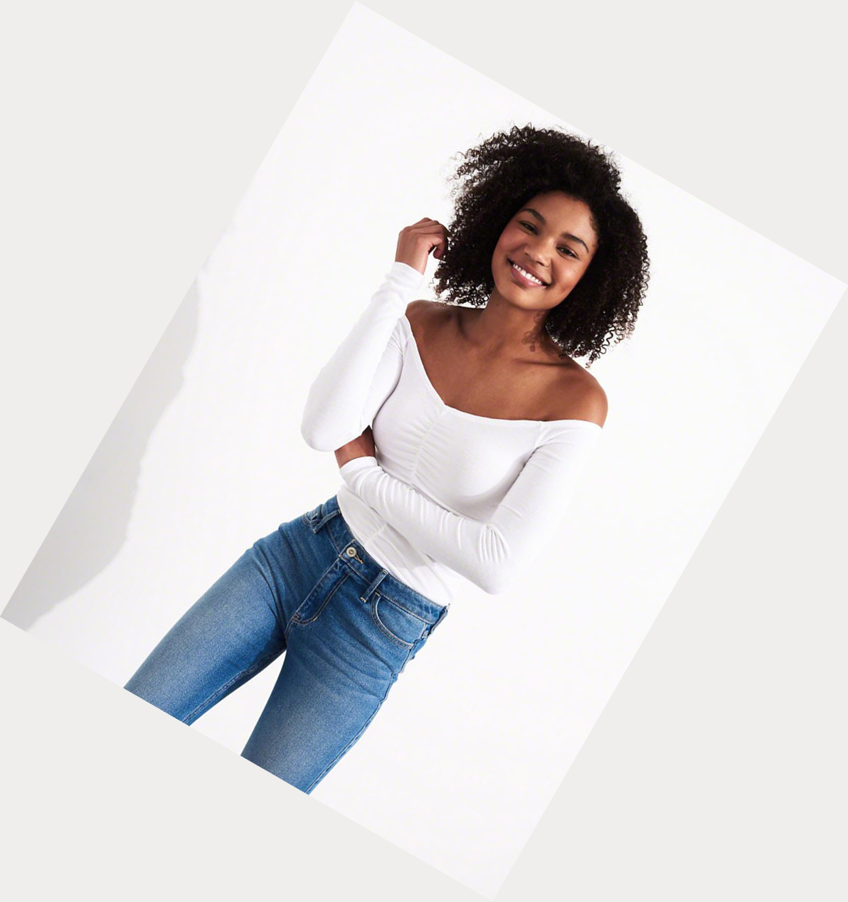 White Women's Hollister Ruched Off-The-Shoulder Long Sleeve | UK-693RTXC