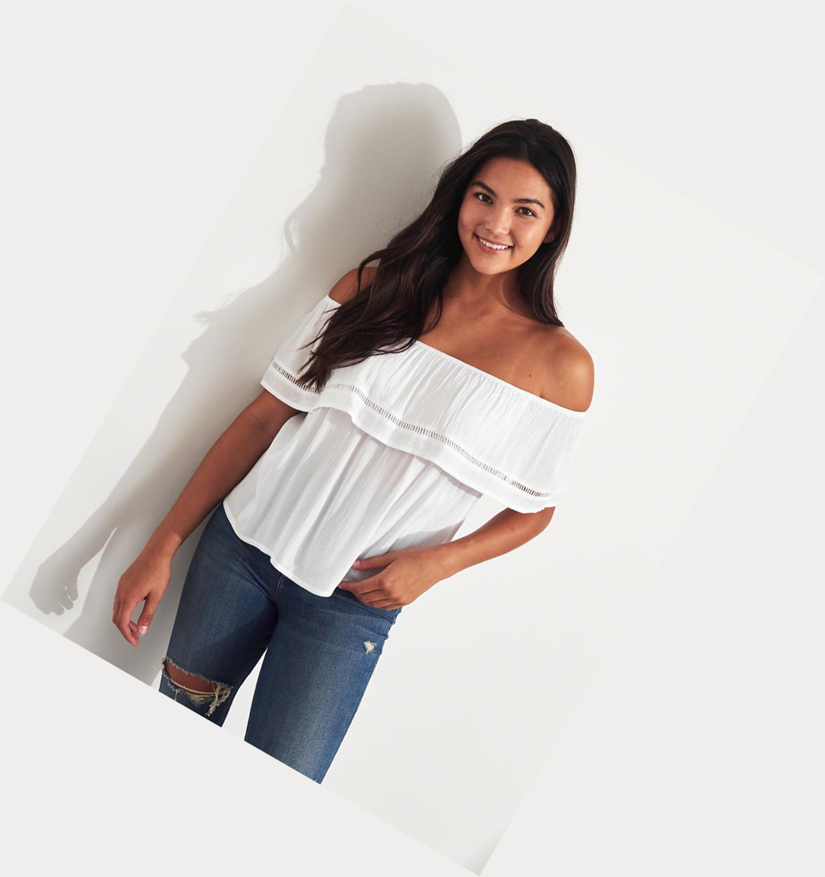 White Women's Hollister Ruffle Off-The-Shoulder Short Sleeve | UK-620PDHW