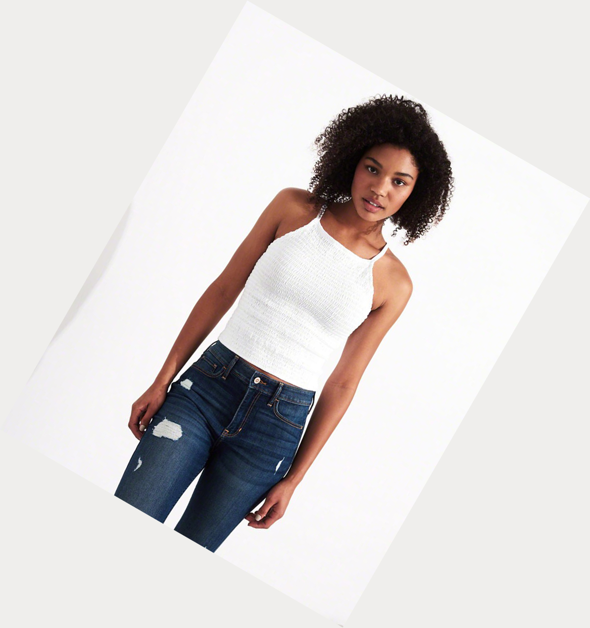 White Women's Hollister Smocked High-Neck Tanks | UK-694EXZS