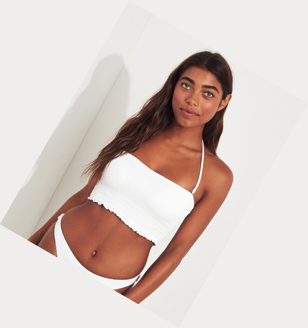 White Women's Hollister Smocked Longline Bandeau Bikini Tops | UK-301VZIJ