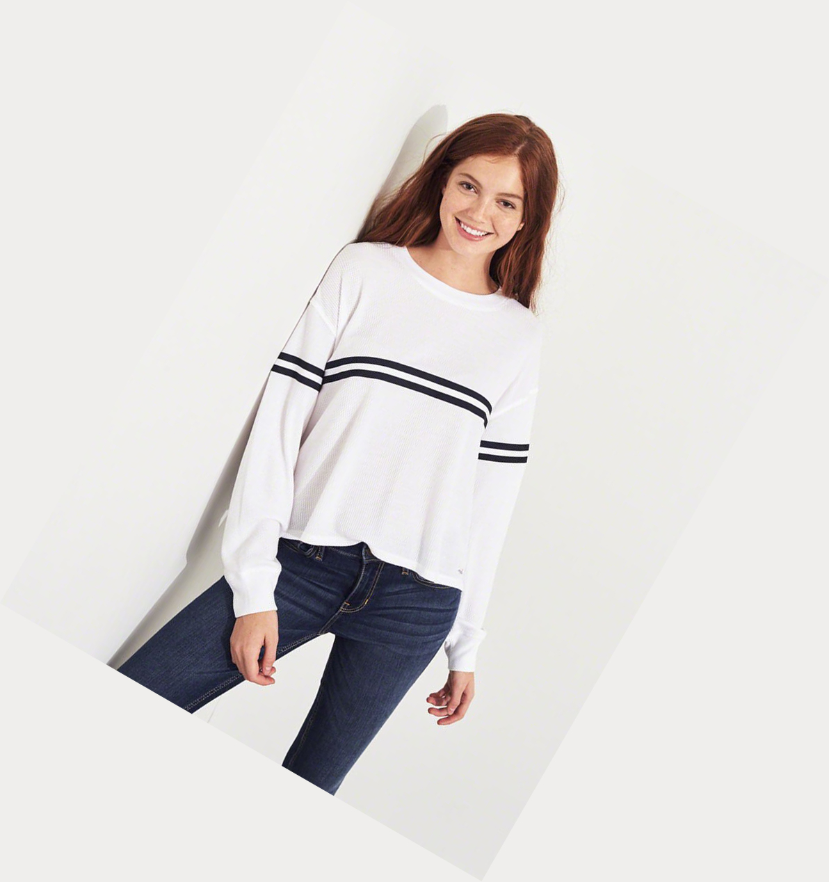 White Women's Hollister Stripe Waffle Boyfriend Long Sleeve | UK-489COLT