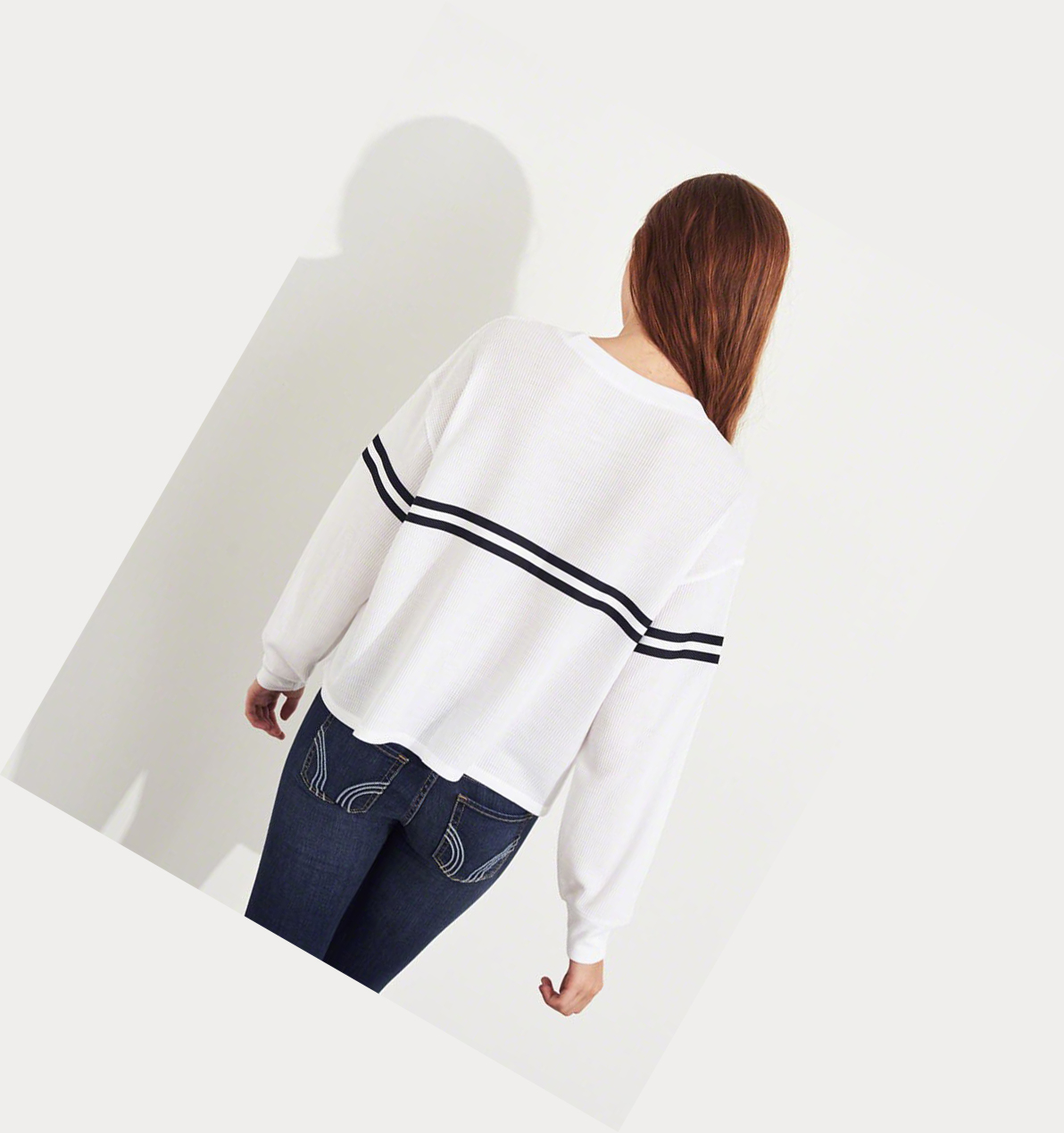 White Women's Hollister Stripe Waffle Boyfriend Long Sleeve | UK-489COLT