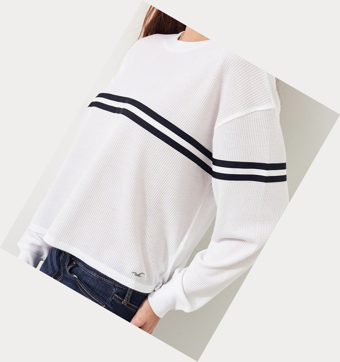 White Women's Hollister Stripe Waffle Boyfriend Long Sleeve | UK-489COLT