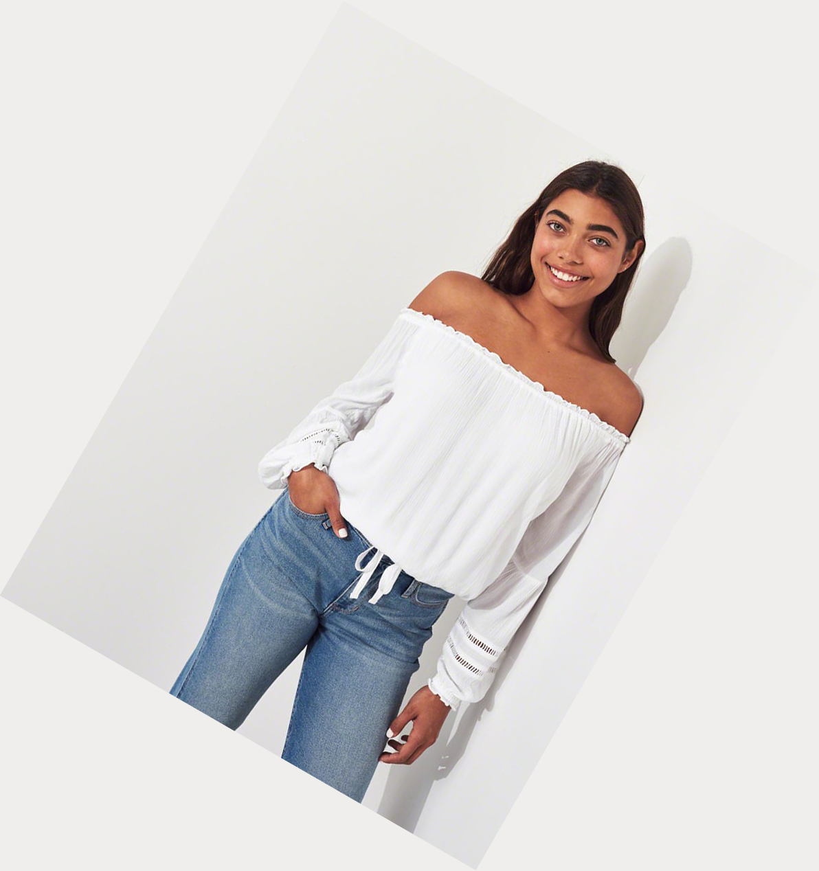 White Women's Hollister Tie-Front Off-The-Shoulder Long Sleeve | UK-673GZHJ